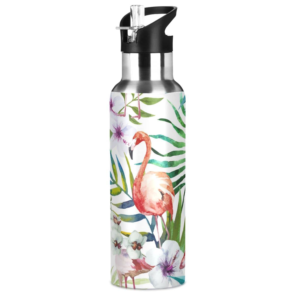 Edelstahl Wasserflasche mit Strohhalm, Regenwaldblatt Blume Flamingos Isolierte Trinkflasche Sport Wasserflasche für Kinder Erwachsene, auslaufsicher, 1L