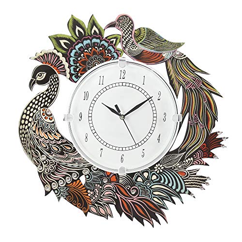 Image of Wooden Peacock Theme Wall Clock Round Quartz Analog Antique Decorative Clock for Home Decor