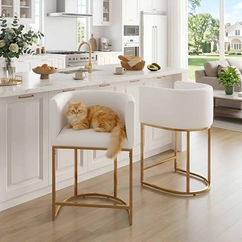 Image of HNY Modern Barrel Counter Height Gold Clearance Bar Stools Set of 2, 24 Inch Kitchen Bar Stools with Back, PU Leather Barstools Bar Height for Island with Golden Metal Tubular Frame, White