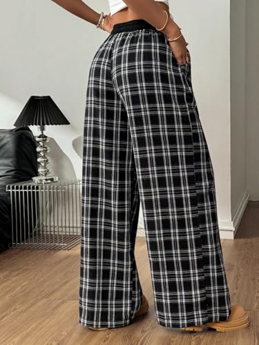 WDIRARA Girl's Plaid Elastic Waist Pants Wide Leg Long Baggy Pants with Pockets3