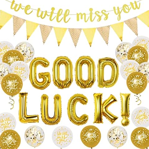 Leaving Decorations Gold - We Will Miss You Banner, Good Luck Balloons for Retirement, Sorry Your Leaving Decorations for Colleagues, Graduation, Travelling Going Away Farewell Party Cover