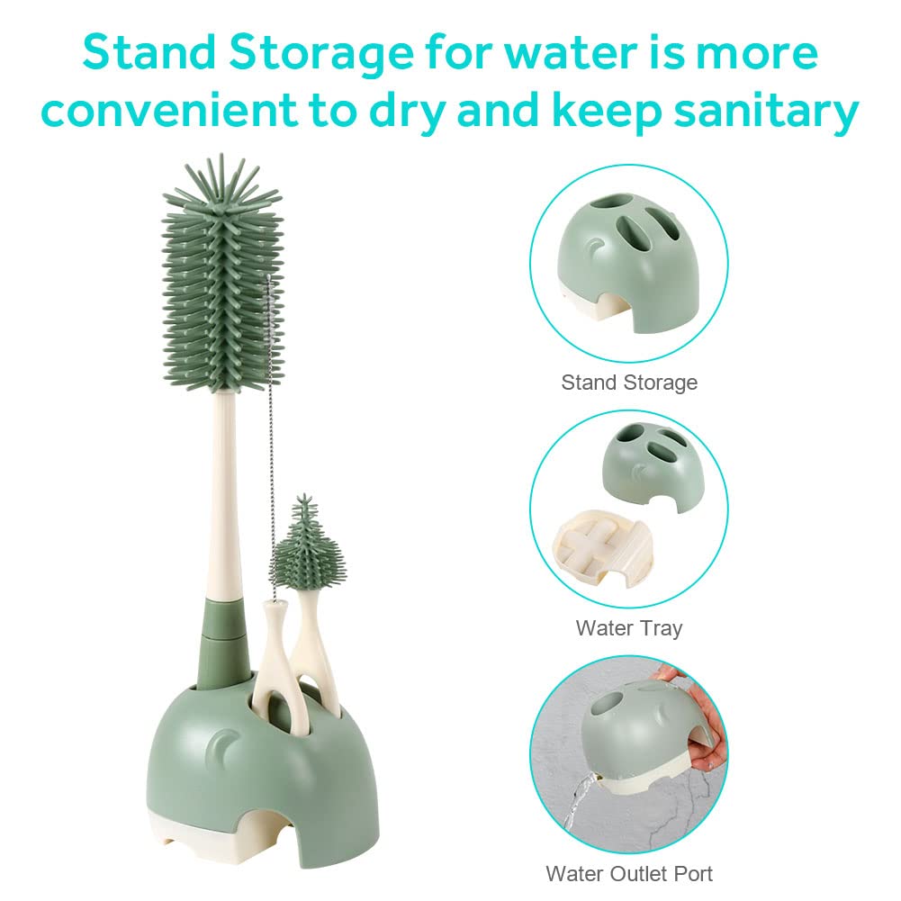 Vicloon Spazzola per Biberon, 3 Pezzi Silicone Pulizia Biberon e Ciuccio con Base per Riporre, Scovolino in Silicone per la Pulizia Tettarella, Cannucce, Verde-Base