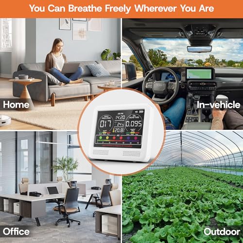 Image of 16-in-1 Indoor Air Quality Monitor with PM1.0,PM2.5,PM10,CO2,HCHO,TVOC,Temperature,Humidity,Time Display &7 AQI Alarms - Professional Air Quality Tester for Home, Office & Indoor Use (Ivory White)