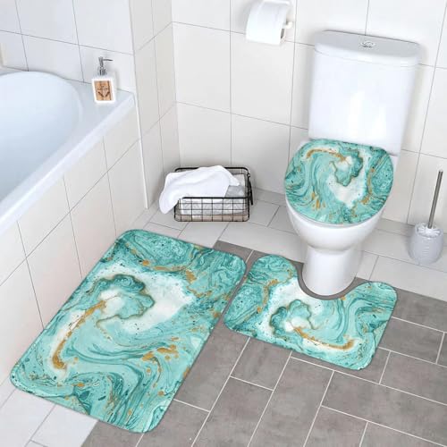 EYLOZS Badezimmerteppich Set 3 Teilig Waschbar rutschfeste Badematte Toilettenmatte Weich Saugfähige Badteppiche,Marmor-Türkis- und Goldfarben auf weißem Papier – Bild 5