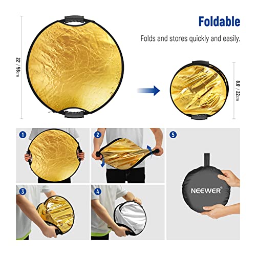 Image of NEEWER 22 inch /56cm Light Reflector with Handle Grip with 3 /8 inch Thread, 5 in 1 | Foldable Disc Light Diffuser, Translucent /Silver /Gold /White /Black, for Photography Lighting, Outdoor Lighting, RF-56II