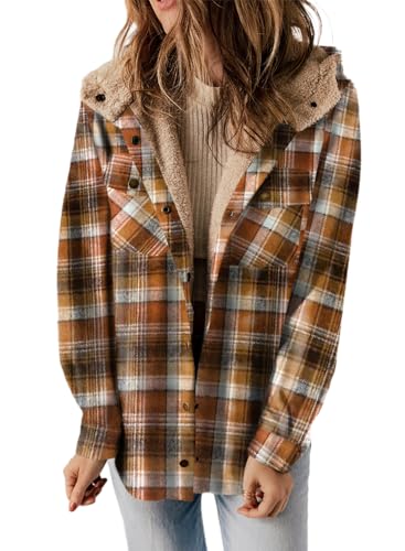 Dokotoo Flannel Shirt Women Plaid Fall Outfits Hooded Fleece Lined Jackets for Women Warm Winter Coats Fuzzy Vintage 2025 Fashion Sherpa Button Up Long Sleeve Shirts Thick Outwear Camel M