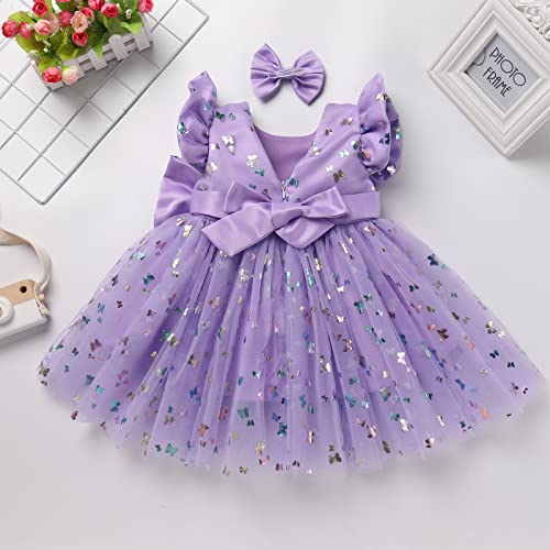 Idopip Sequin Butterfly Tutu Dress For Toddler Baby Flower Girls First Communion Wedding Birthday Party Bowknot Gown With Headband Princess Pageant Baptism V-Backless Dress Outfit Purple 6-12 Months #TOP3