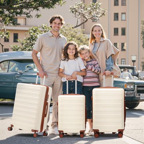 luggage sets 3 Piece with Spinner Wheel,100% PC Material Lightweight Durable,Expandable Carry On Travel Hardside Suitcase sets with TSA Lock for Men and Women (White+brown)2