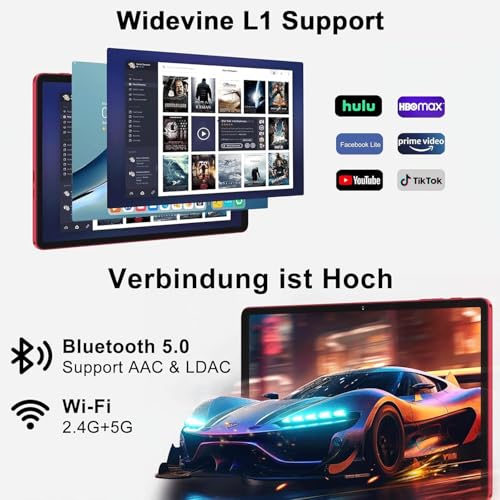 Tablet 11 Zoll Android mit, 24GB RAM 256GB ROM TF 2TB, Octa-Core, GMS, 5G WiFi 6, Bluetooth 5.0, Widevine L1, 5MP+13MP, 8000mAh, Gesichtserkennung, 1280 * 800, GPS, Ultraschnell Tablet mit Case - Red 5