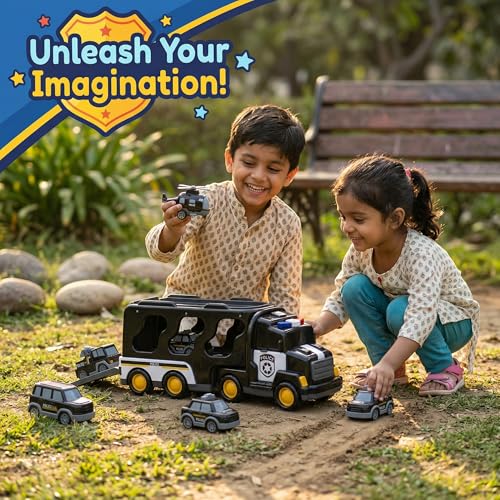 Image of 5 in 1 Police Truck Carrier Toy - Transport Vehicle Play Set for Kids - Fun & Educational Toy for Boys & Girls - Ages 3 to 7 Years - Pack of 1
