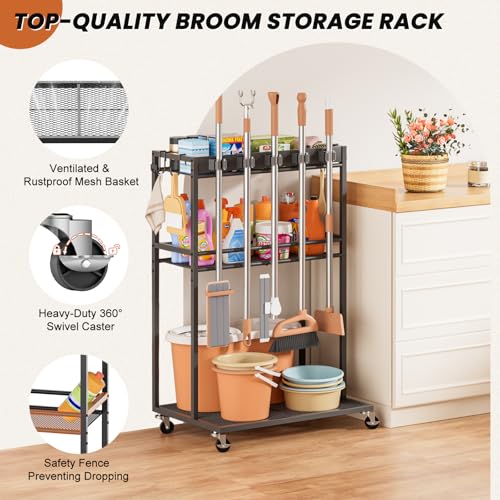 Broom Holder with Cleaning Supplies Organizer, Broom Closet Storage Cabinet with Mop Hanger Gripper Rack Hooks, Cleaning Housekeeping Janitorial Cart with Cleaning Caddy, Laundry Room Organization - Thumbnail 5