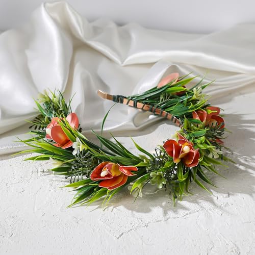 KorViSHOW Hawaiian Flower Crown Headband, Orange Tropical Orchid Floral Headpiece, Hawaii Flower Hair Accessory with Ribbon for Women Summer Beach Hula Dance Costume Party Favors Supplies