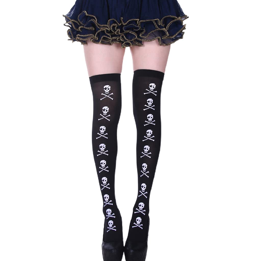 oringnat Women Halloween Black Thigh High Stockings Skull Skeleton Over Knee Socks