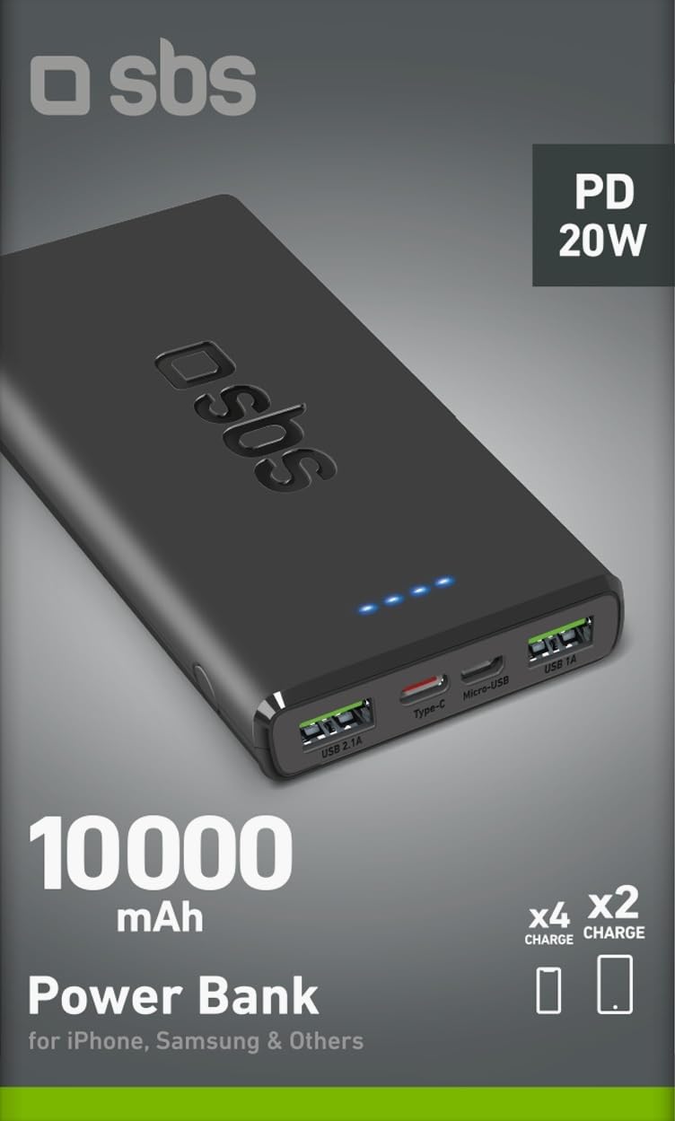 SBS PowerBank 10K FAST, 10000mAh, 22.5W Power Delivery (PD 3.0 PPS) | Power Bank con Ricarica Rapida, LED di Carica, USB-C, USB-A, Caricabatterie Portatile da Viaggio, Design Compatto, Nero