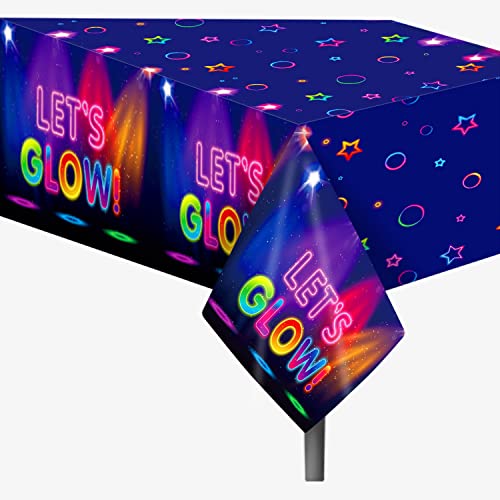 Glow Party Tablecloths 2 Pcs- Neon Let's Glow Party Table Cover Decoration, Plastic Disposable Glow In The Dark Party Table Cover, Waterproof Tablecloth For Glow-Theme Party Supplies 51 X 87 Inches #TOP2