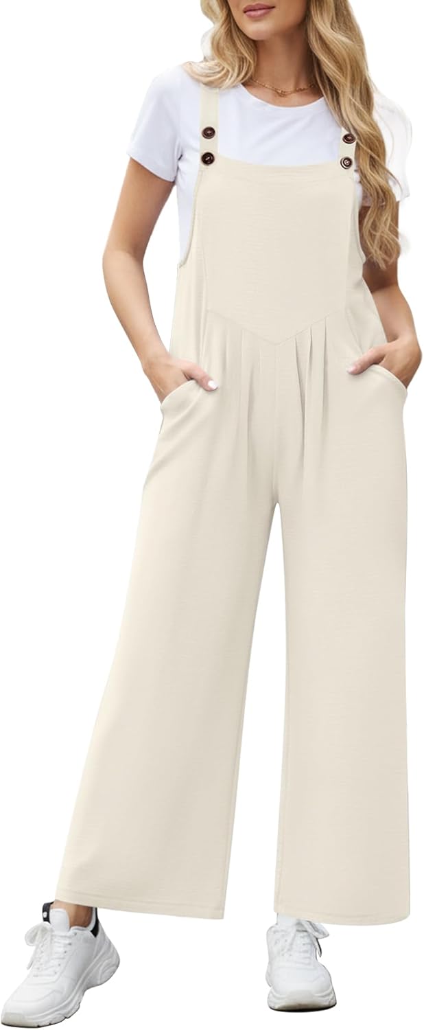 NILOUFO Overalls for Women Bib Wide Leg Jumpsuits Summer Sleeveless Adjustable Strap Rompers Loose Bib Pants with Pockets