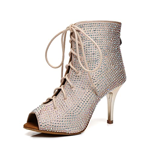 LITNERMIA Botines para mujer, con cordones, para bailar, fiesta, salón de baile, cremallera, latino, moderno, bailando, puntera abierta, Al448 Beige 8 5cm Tacón, 40.5 EU
