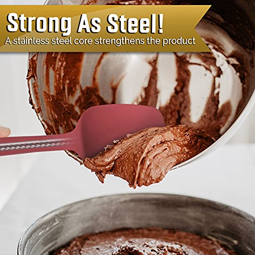 Redwoodbest Premium 600F Heat Resistant Silicone Spatula 2 Set Sturdy Handle Created For Cooking, Baking And Mixing, One Piece Design, Non-Stick, Strong Stainless Steel Core (Red Dahlia) #TOP3