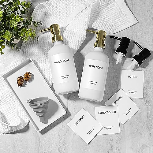 GMITING Hand and Dish Soap Dispenser Set, Kitchen Soap Dispenser Set with Tray, 2 Pack 16 Oz White Glass Soap and Lotion Dispensers with Gold & Black Pump, Modern Liquid Bottle for Bathroom Decor - Thumbnail 7
