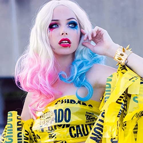 Angle Lucky Cosplay Wigs for Women Long Body Wavy Half Blue Pink Synthetic Lace Front Wig Heat Resistant Fiber Glueless Wigs Drag Queen 24''