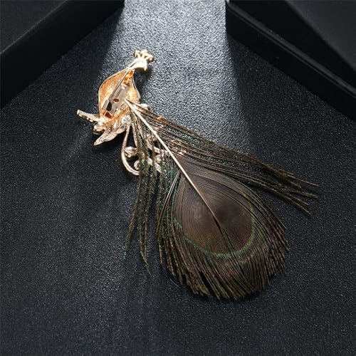 Image of Rhinestone Peacock Feather Brooch for Women Girls Gold Plated Fashion Artificial Blue Green Bird Animal Brooches Lapel Pins Hat Bag Suit Dress Accessories Wedding Anniversary Jewelry Gift