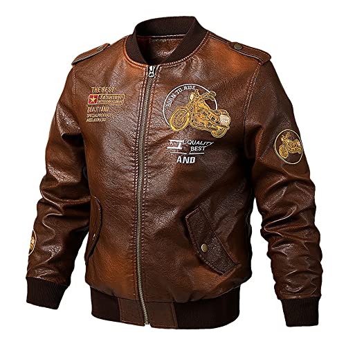 Veste de moto en cuir PU homme marron Legou blouson motard ajusté taille M