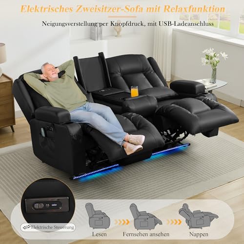 LIFTSHA Zweisitzer Relaxsessel mit Liegefunktion, Fernsehsessel Elektrisch Verstellbar mit Heizung & Vibrierende Massage, TV Sessel Heimkino Sitze mit Multimedia Mittelkonsole, Kunstleder, Schwarz – Bild 4