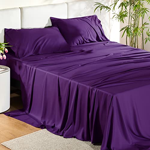 Image of Bedsure King Size Sheets Set, Cooling Sheets for Hot Sleepers, Rayon Derived from Bamboo, PureWoven, Breathable & Soft, Deep Pocket Up to 16 Inches, Hotel Luxury Silky Bedding, Plum