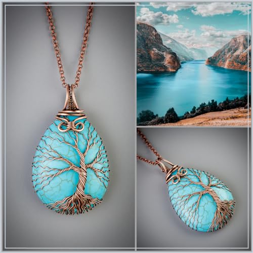 Handmade tree of life turquoise pendant necklace - Unique copper jewelry for women and men Anniversary present Birthday gift ideas for her and him Spiritual gifts for wife mom sister girlfriend mother3