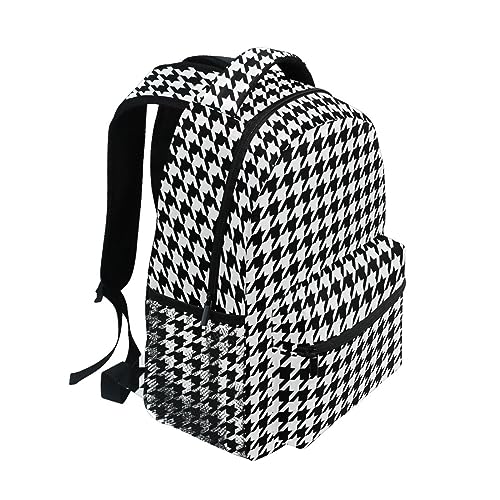 Black-white Houndstooth Backpack Water-Resistant Lightweight Bookbags Travel Bag with Mesh Side Pockets2