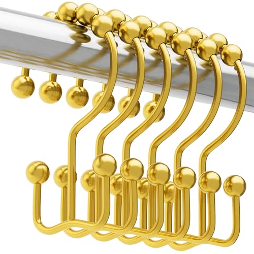 Image of Titanker Shower Curtain Hooks Rings Gold, Metal Double Glide Shower Hooks Rings for Bathroom Shower Rods Curtains, Set of 12 Hooks - Dark Gold