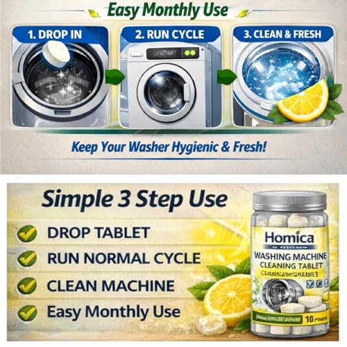 Image of Washing Machine Cleaner Tablets (16 Tablets) | Drum & Pipe Deep Cleaner |Removes Odour, Limescale & Residue | For Front Load & Top Load Fully Automatic Washing Machines | Lemon Scent (Lemon)