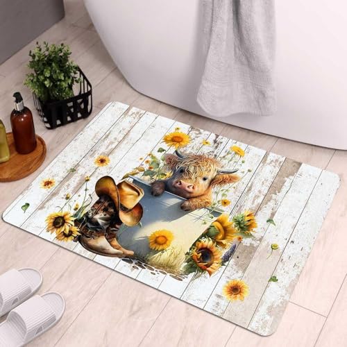 Aperturee Rustic Cute Highland Cow Bathroom Mat,Super Absorbent Bath Mat,Quick Dry Bath Mat,Non-Slip Diatomaceous Bathroom Floor Mats,Shower Mat for Bathtub Shower Room Door,16x24 Inch
