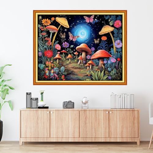 Image of Foxdiviy Mushroom Scenery 16x20 inch Stamped Cross Stitch Kit - 11CT Embroidery Patterns for Beginners - Adults & Kids - Vintage Nature Theme