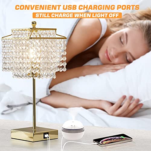 Image of Luvkczc Set of 2 USB Bedside Crystal Table Lamp Gold, Touch Control Lamp | Dimmable Lamp with Crystal Shade for Bedroom, Living Room, 6W LED Bulb Included