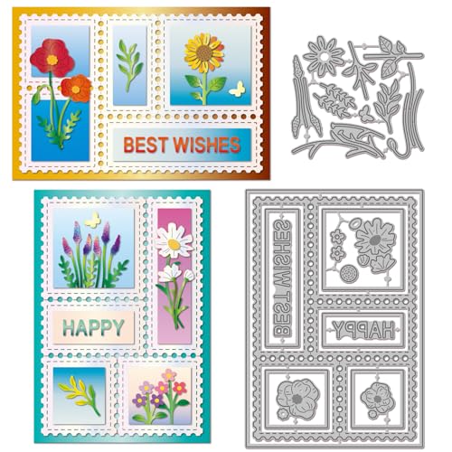 GLOBLELAND Flower Postage Stamp Cutting Dies for Card Making Sunflowers Daisies Metal Die Cuts Plants Best Wishes Border Die Cut Dies for DIY Embossing Scrapbooking Paper Crafts Decor