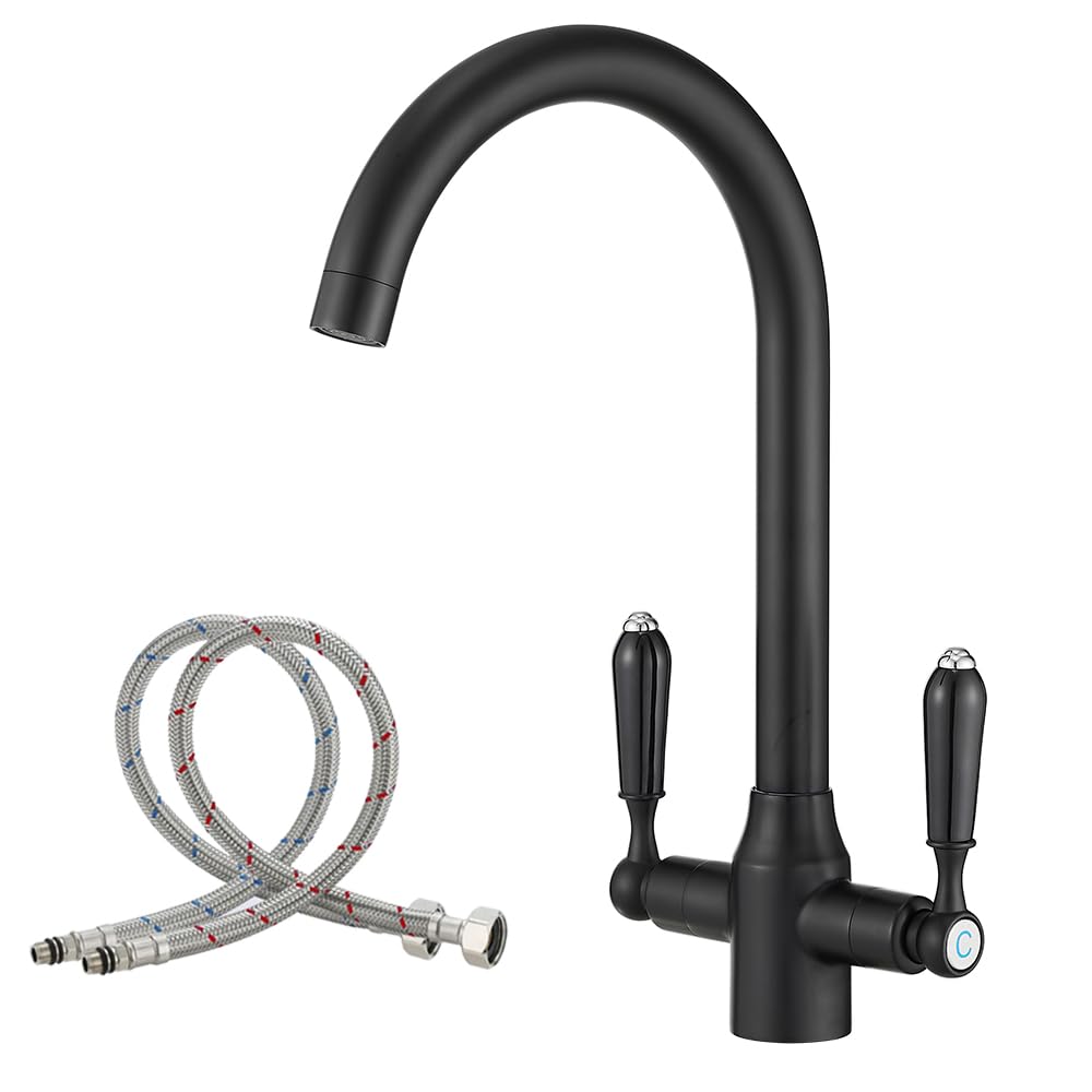 Haiba Kitchen Taps Mixer Matte Black Surface Brass Material Dual Lever 1 Hole for Kitchen Sink or Bar with UK Standard Fitting Hoses Hot and Cold Mixer Taps