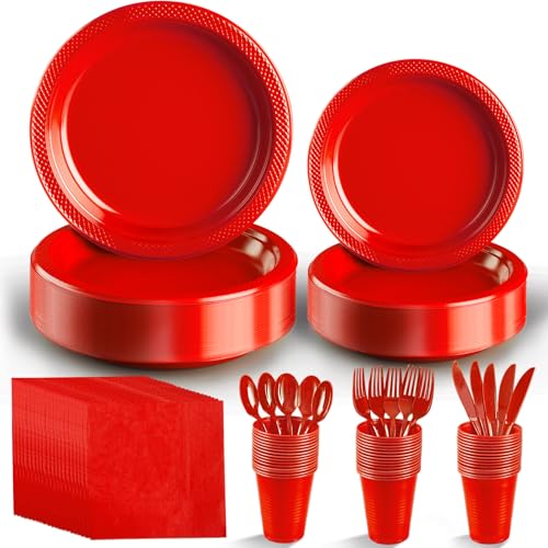 Red Plastic Plates,Christmas Disposable Plates Set,Disposable Plastic Dinnerware for Christmas Wedding Birthday,Serve 25 Guests
