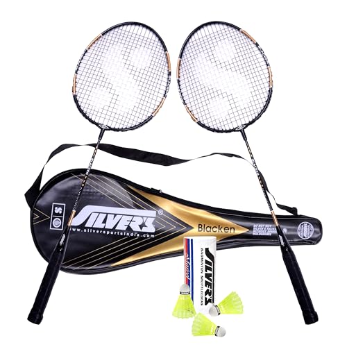 Image of Silver's BLACKEN Badminton Kit (2 Racquets with Full Cover, 1 Box Shuttlecock Pack of 3)