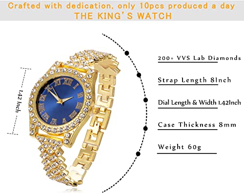 Image of Halukakah Diamonds Gold Watch Iced Out, Kid's 18K Real Gold /Platinum White Gold Plated 36MM Width Green /Blue /Red Dial Quartz Wristband 8 inch with Cuban Link Chain 7 inch+16 inch Bracelet, Free Giftbox