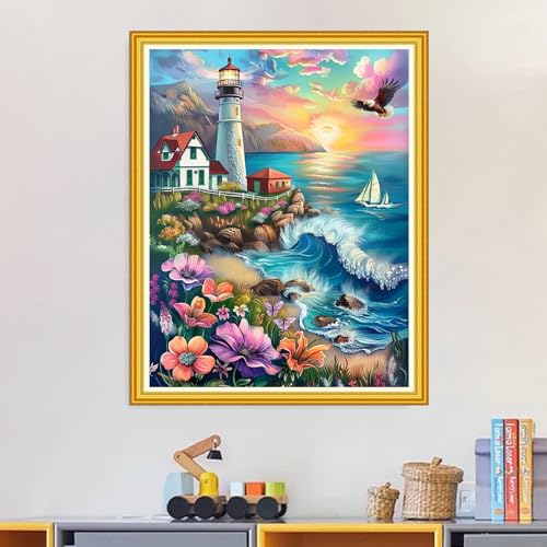 Image of Magxvouy Cross Stitch Kits Stamped Full Range of Embroidery Kits,Cross Stitch Patterns Needlework Kits for Beginners 11CT Printed Kits&Lighthouse Seaside Flowers 16x20 inch