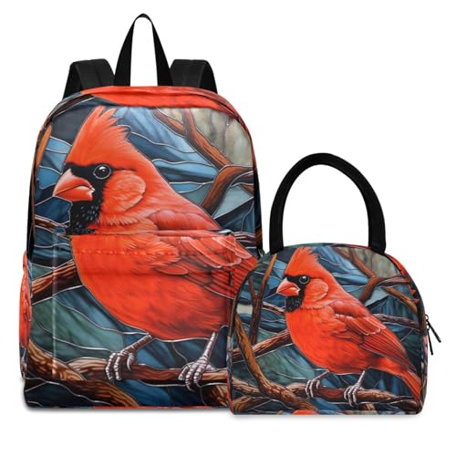 Backpack Lunch Box Set Large Capacity Travel Backpacks and Insulated Lunch Bag for Commute Hiking Picnic Red Bird Vector Print