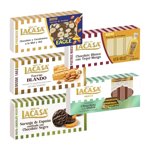 Pack Surtido 5 Turrones Lacasa:Naranja de España Confitada,Blando,Blanco con Tequi Mango,Chocolate estilo Dubai con Pistacho y Kataifi,Cacahuete Eagl