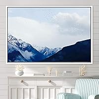 Framed Canvas Wall Art Snow Mountain Cool Expressive Farmhouse/Country Landscape Mountain Top Multicolor Photography Portrait Realism - 16x24 inches