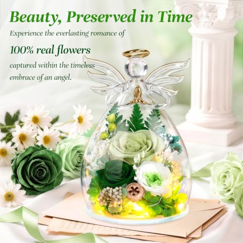 Image of encavy Birthday Gifts for Women,Fresh Flowers for Delivery,Preserved Rose Flowers in Angel Figurines,Light Up Green Angel Real Rainbow Roses for Mom Grandma Wife Her Girlfriend Anniversary