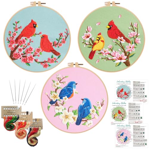 Image of Nuberlic 3 Pack Embroidery Kit for Beginner Adults, Cross Stitch Set with Cardinal & Blue Bird Patterns, Includes Cloth, Hoops, Threads, Needles, Instructions