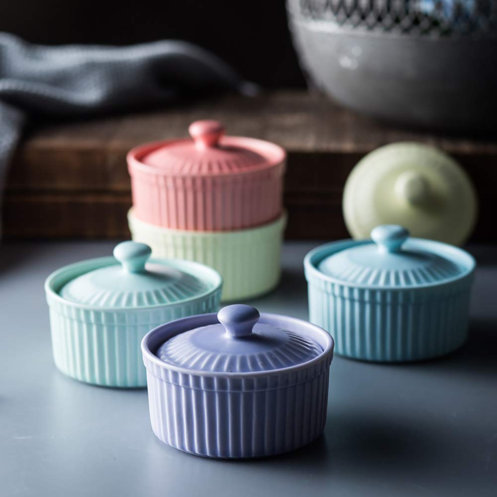 5er Set Soufflé Förmchen Mit Deckel, Creme Brulee Schälchen Formen Aus Porzellan, Mini Ofenfeste Förmchen Pastetenförmchen Aus Keramik, Dessertschale Förmchen Für Muffins, Cupcakes, Dessert Und Obst