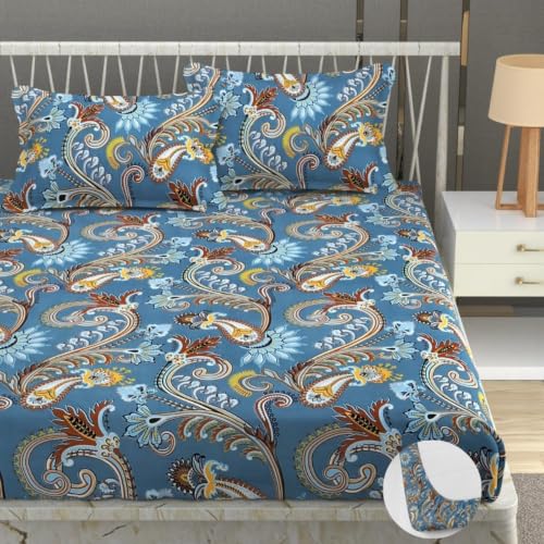 Image of Vram Premium Heavy Cotton Elastic Fitted Bedsheets with 2 King Size Pillow Covers || Double Bed with All Around Elastic 350 TC || 72 x 72 x 10 Inch King Size Fitted || :- Blue Jaipuri