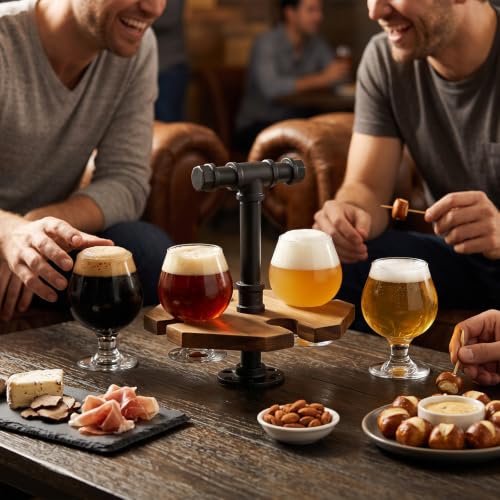 MyGift Burnt Wood Beer Flight Set with 4 Tasting Glasses & Metal Handle by MyGift - Used condition - Image 7