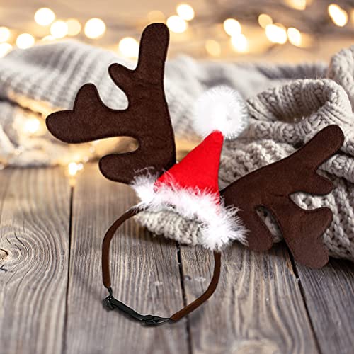 Weihnachten Haustier Stirnband, Hund Katze Rentier Geweih Weihnachtskostüm Elch Kopfbedeckung Verstellbare Kopfschmuck Haarreif mit Weihnachtsmütze, Weihnachts Kostüm Outfit für Hunde Katzen Geschenk